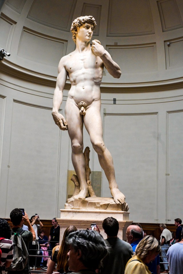 A full-view of Michelangelo's David statue in a museum setting, with visitors observing and taking photographs.